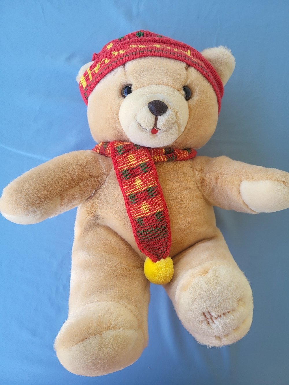 Harrods Tan Plush Teddy Bear with Red and Yellow Knit Hat & Scarf